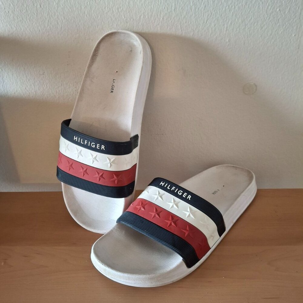 Tommy Hilfiger Women's Rubber Slide Sandals - White/Red/Blue Stripes